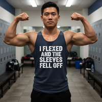 Load image into Gallery viewer, I FLEXED AND THE SLEEVES FELL OFF printed on Men's Heavy Cotton Tank