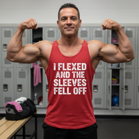 Load image into Gallery viewer, I FLEXED AND THE SLEEVES FELL OFF printed on Men's Heavy Cotton Tank