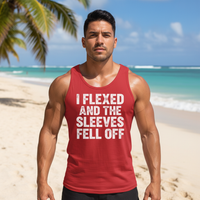 Load image into Gallery viewer, I FLEXED AND THE SLEEVES FELL OFF printed on Men's Heavy Cotton Tank