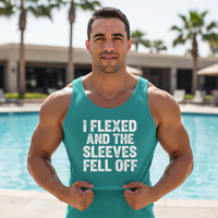Load image into Gallery viewer, I FLEXED AND THE SLEEVES FELL OFF printed on Men's Heavy Cotton Tank