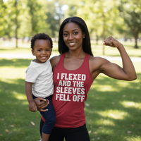 Load image into Gallery viewer, i FLEXED AND THE SLEEVES FELL OFF printed on Women's Ideal Racerback Tank