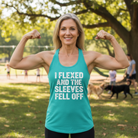 Load image into Gallery viewer, i FLEXED AND THE SLEEVES FELL OFF printed on Women's Ideal Racerback Tank