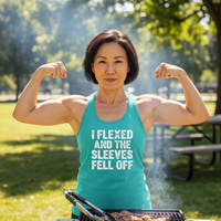 Load image into Gallery viewer, i FLEXED AND THE SLEEVES FELL OFF printed on Women's Ideal Racerback Tank
